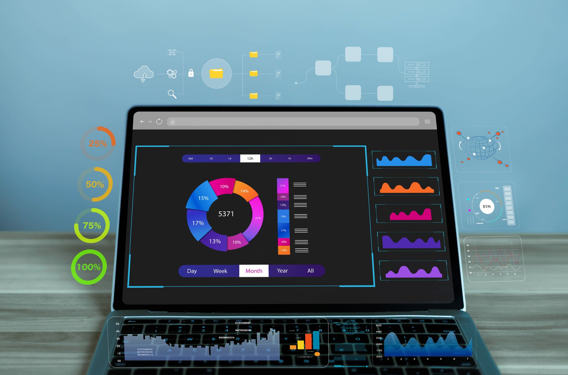 Business analysts use computers and dashboards to analyze data and metrics connected to databases for financial technology operations.