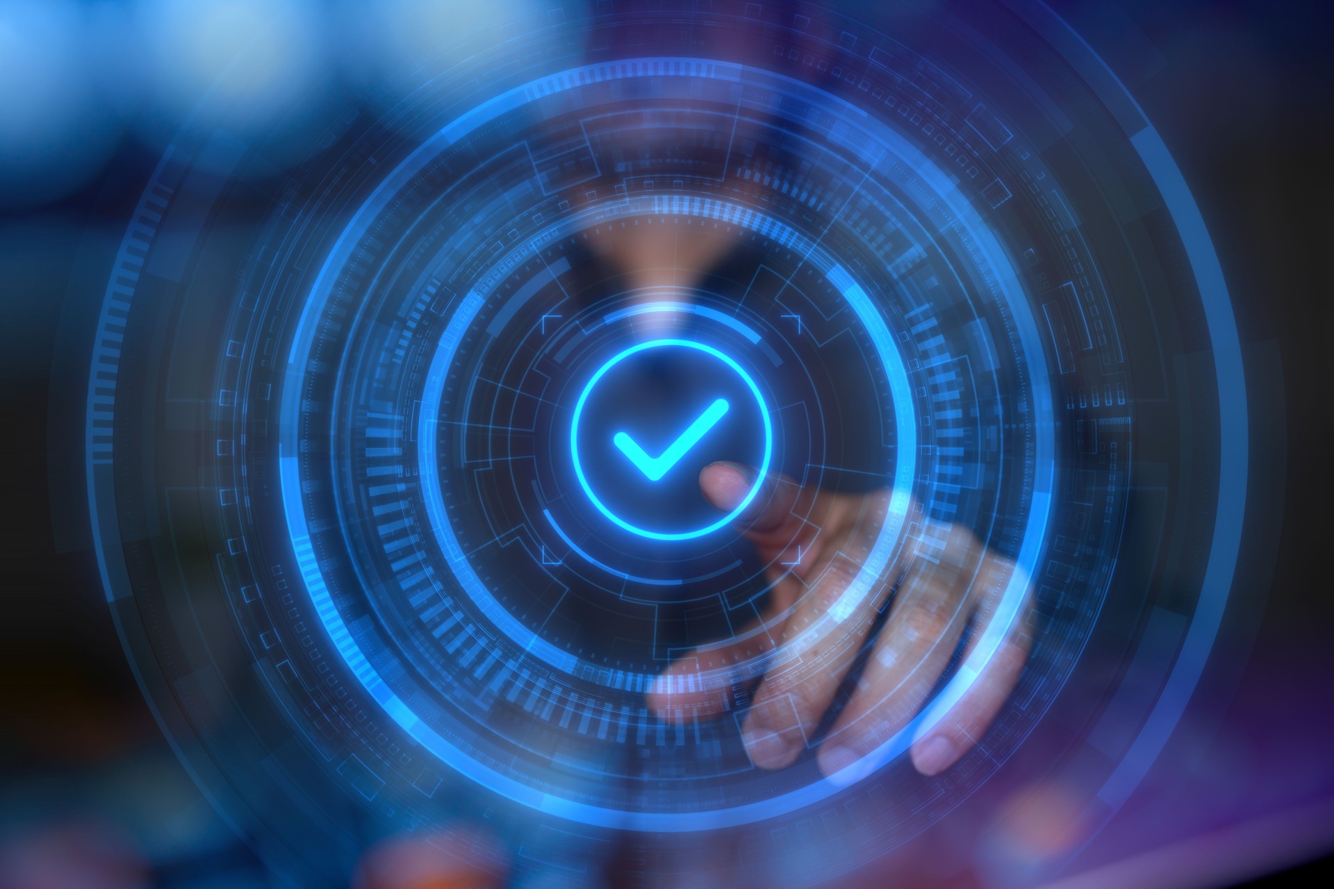 Man touching holographic ticking icon