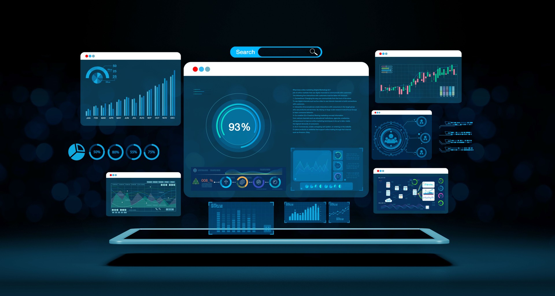 dashboard for business analysis. Data and management system with KPIs and indicators connected to databases for finance, marketing.
