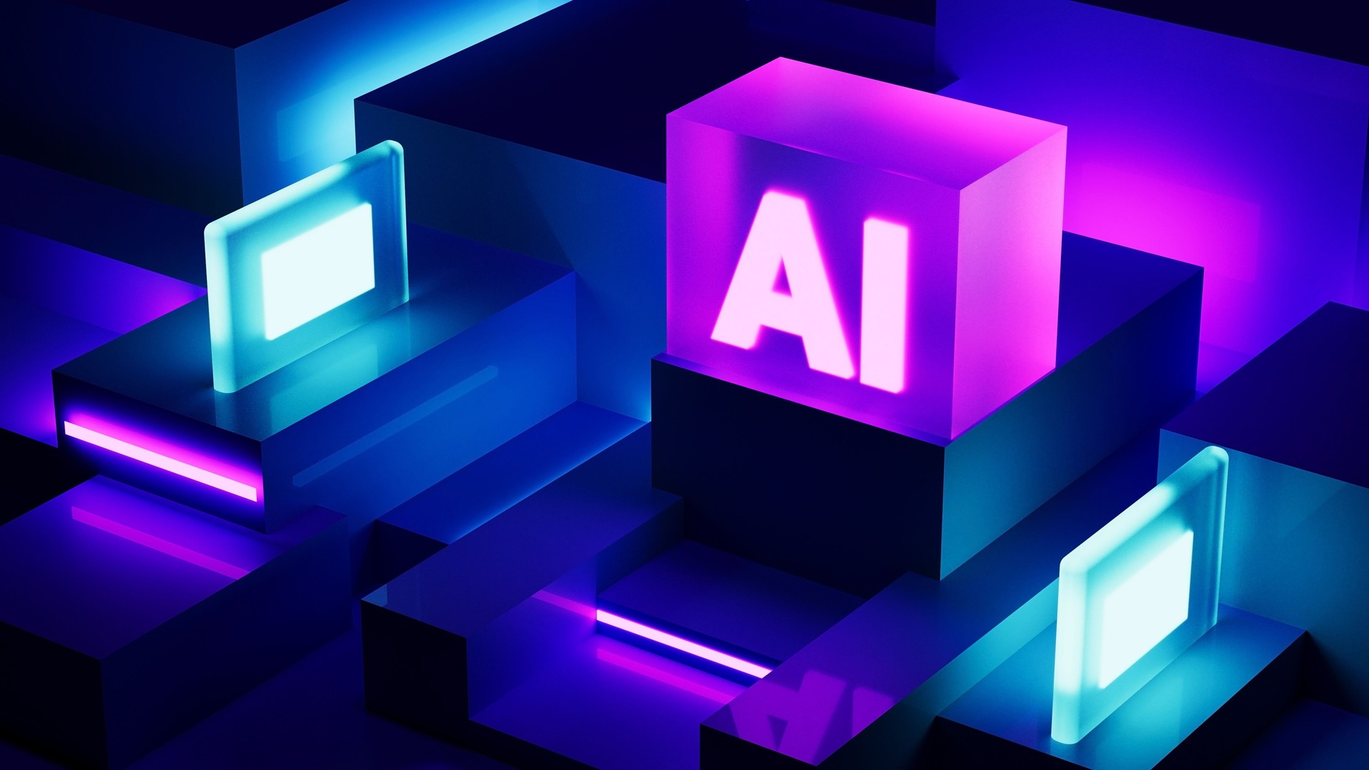 AI, artificial intelligence logo on neon blue violet glass geometric rectangles background. 3d render artificial intelligence concept,